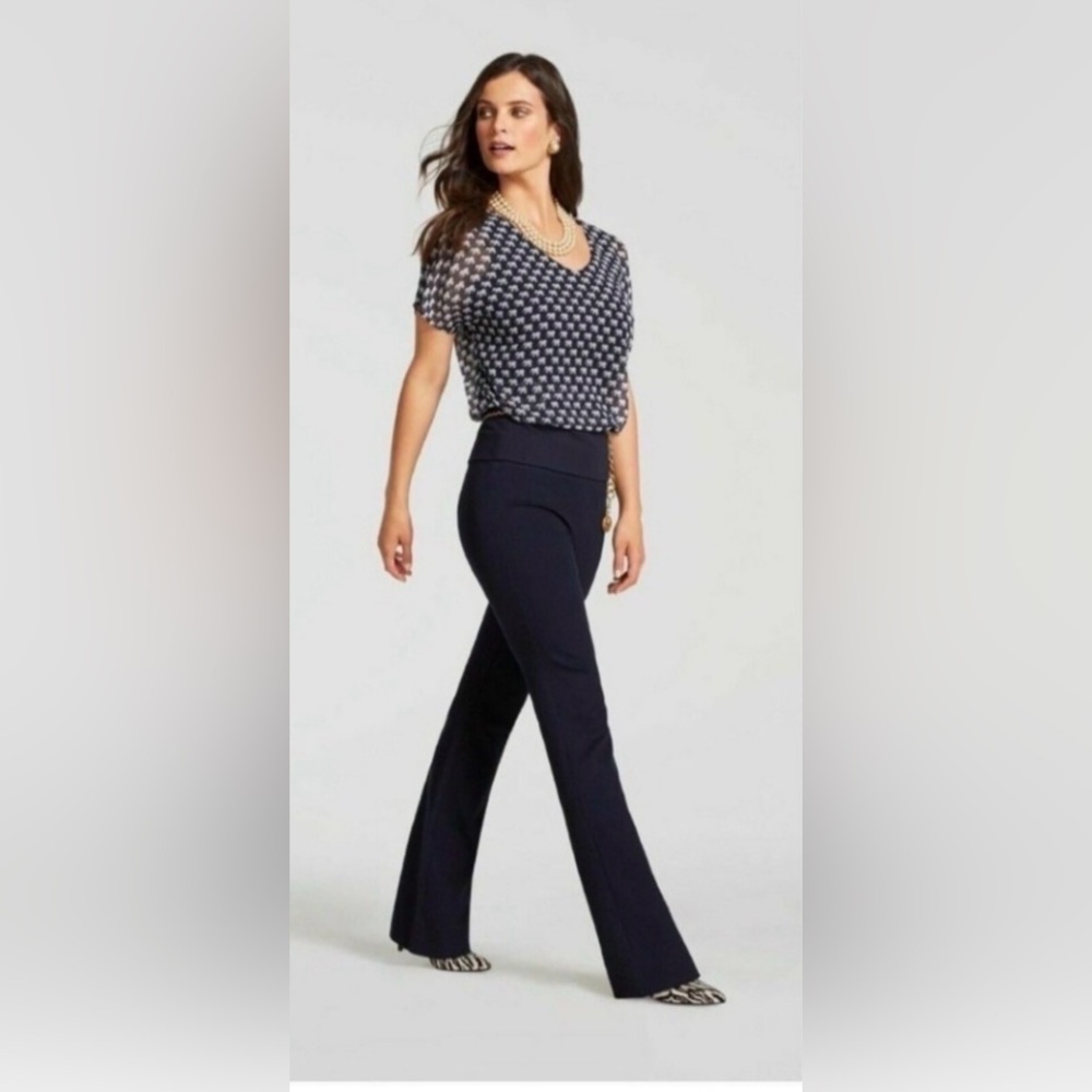 CAbi Navy and White Elephant Pattern Blouse
